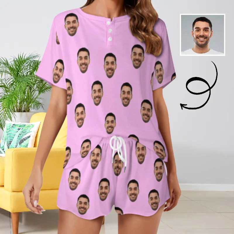 Custom Face Boyfriend Pink Print Pajama Set Women's Short Sleeve Top and Shorts Loungewear Athletic Tracksuits