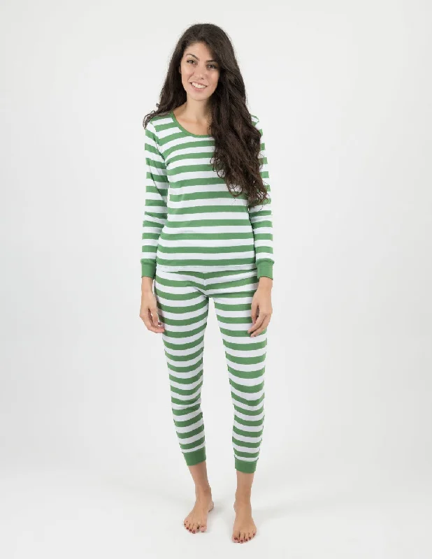 Women's Green & White Stripes Cotton Pajamas