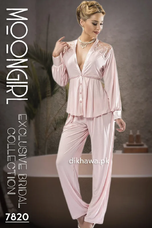 Moongirl - Exclusive Bridal Wedding Nightdress & 2Pc Pajama Set Rose Pink 7820 - Turkish Brand