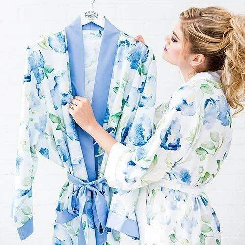 Blue Watercolor Floral Silky Kimono Robe on Blue 1XL - 2XL (Pack of 1)