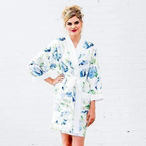 Blue Watercolor Floral Silky Kimono Robe on White 1XL - 2XL (Pack of 1)