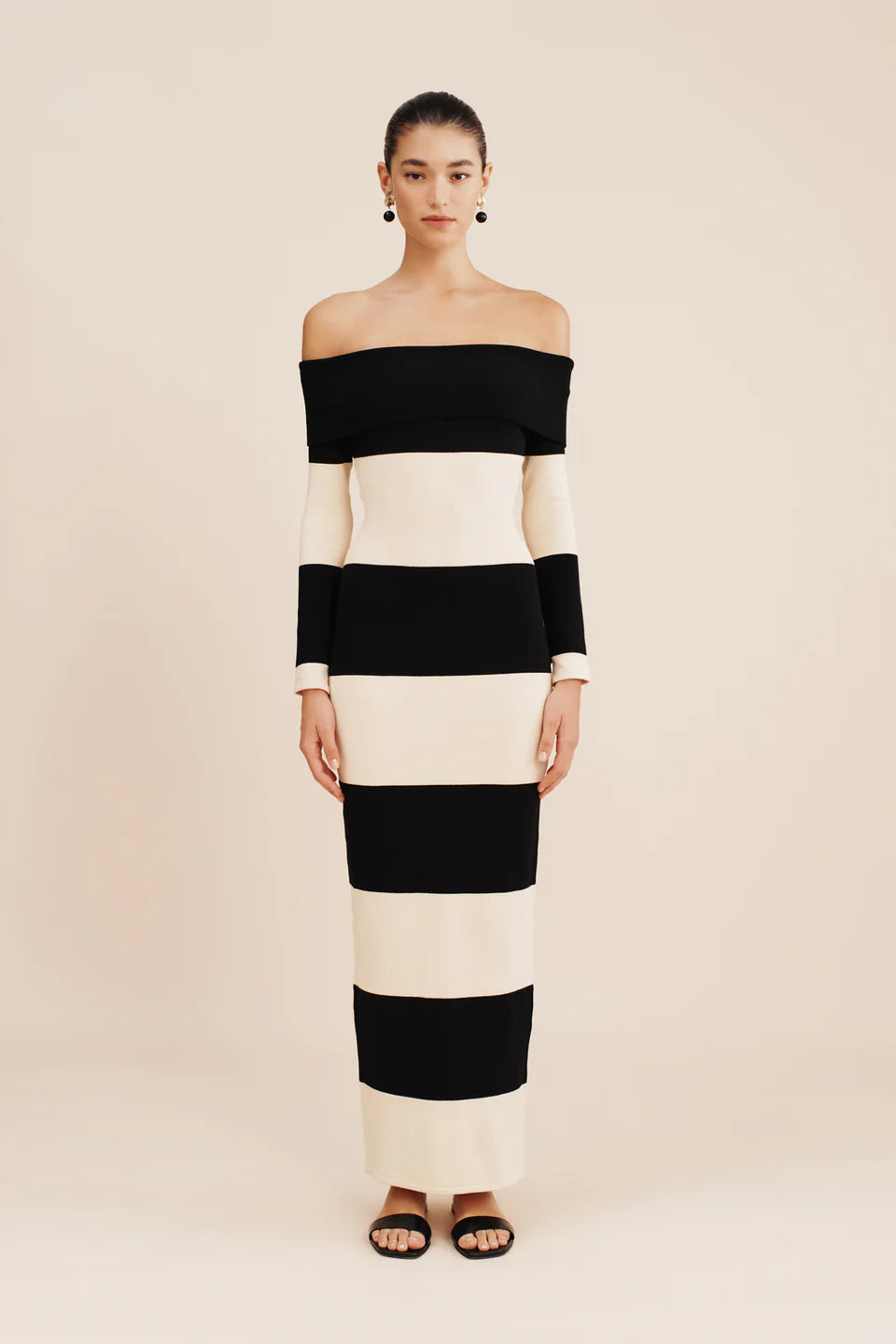 Theo Off The Sholuder Dress in Black Stripe