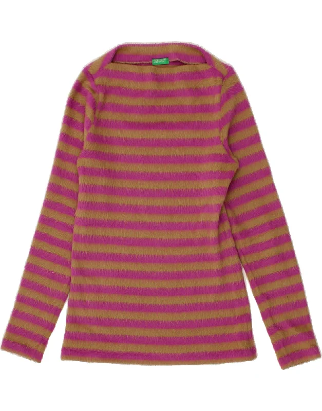 BENETTON Womens Boat Neck Jumper Sweater UK 10 Small Pink Striped Acrylic