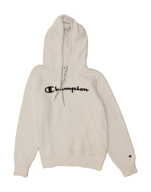 CHAMPION Womens Graphic Hoodie Jumper UK 14 Medium White Cotton