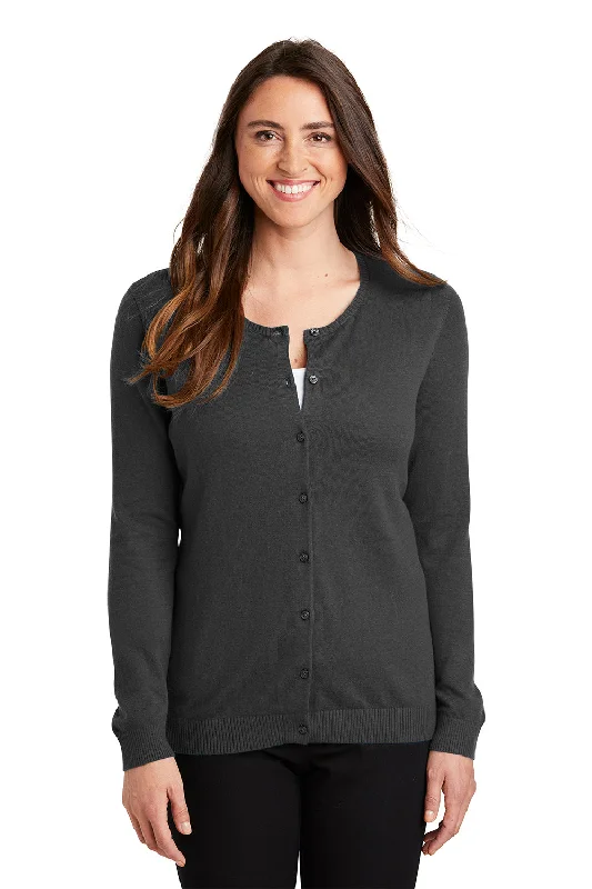 Port Authority Womens Long Sleeve Cardigan Sweater - Heather Charcoal Grey