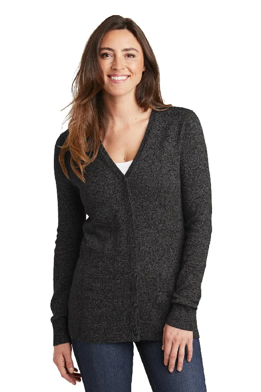 Port Authority Womens Long Sleeve Cardigan Sweater - Black Marl