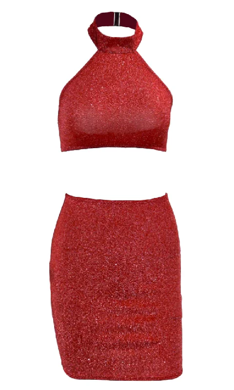 After Dinner Sparkle Sleeveless Mock Neck Halter Crop Top Bodycon Two Piece Mini Dress - 4 Colors Available