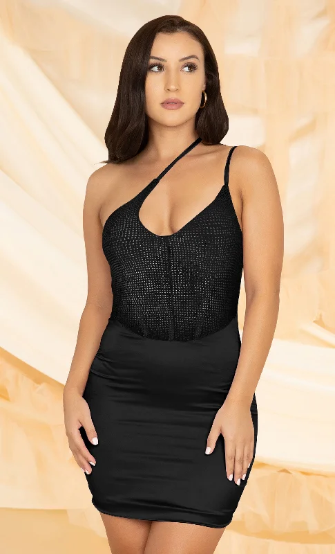 Art Of Seduction Black One Shoulder Cut Out Sleeveless Rhinestone Boned Satin Bodycon Mini Dress