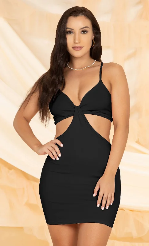 Beachy Baby<br><span> Black Stretch Cut Out Waist Mini Spaghetti Strap V Neck Bodycon Mini Dress</span>