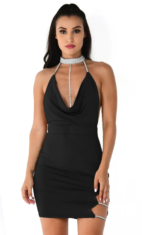 Get His Attention Black Sleeveless Spaghetti Strap Rhinestone Collar Drape V Neck Halter Cut Out Side Backless Bodycon Mini Dress