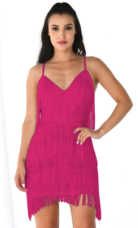 I'm Feeling Something Fuchsia Pink Sleeveless Spaghetti Strap Fringe Tassel V Neck Bodycon Mini Dress