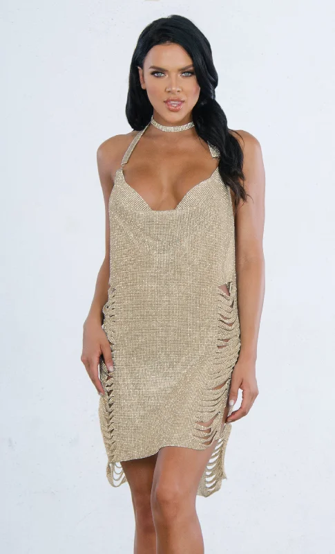 Indie XO Feel It Still Metallic Gold Rhinestone Shredded Diamanté Mesh Sleeveless Backless Halter V Neck Side Slit Mini Dress - 2 Colors Available