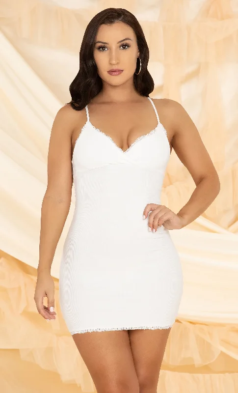 Last To Leave White Ribbed Lace Trim Sleeveless Spaghetti Strap Cross Wrap V Neck Casual Bodycon Mini Dress