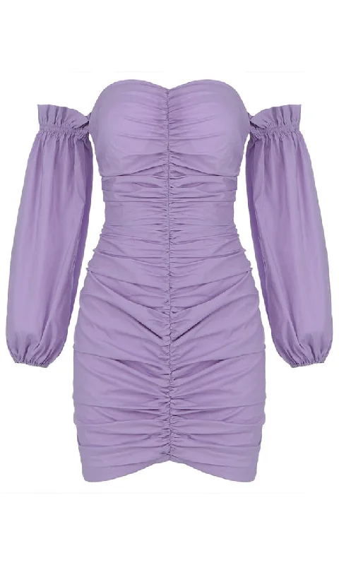 Lilac Fields Purple Puffed Long Sleeves Off The Shoulder Sweetheart Neck Ruched Casual Bodycon Mini Dress