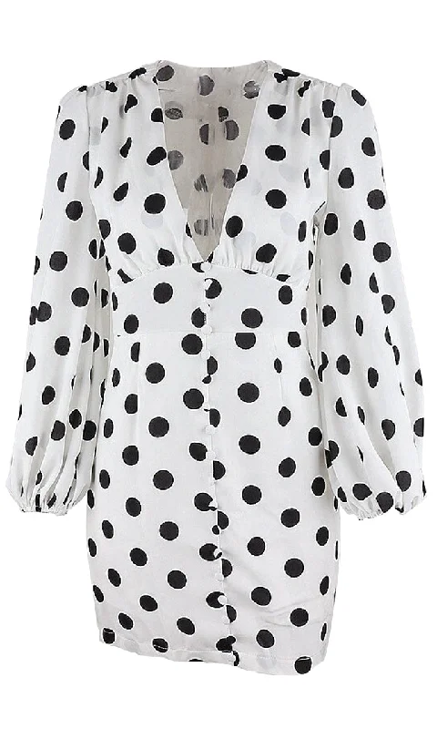 Loosen Control White Black Polka Dot Pattern Long Lantern Sleeve V Neck Button Bodycon Casual Mini Dress