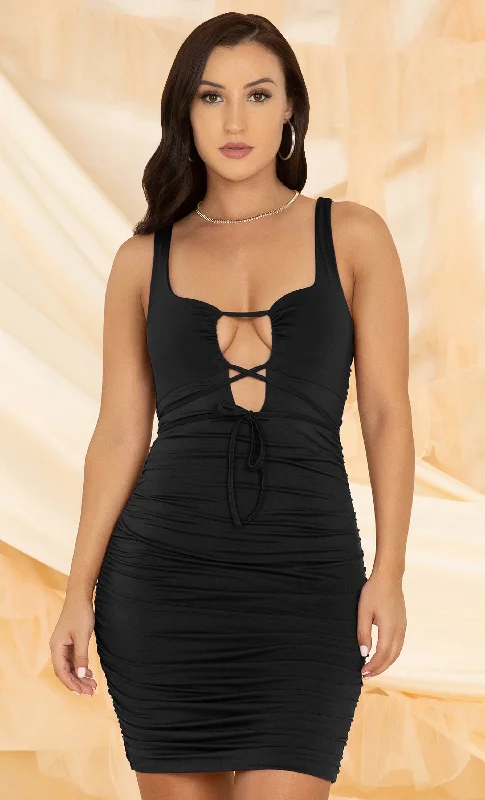 Midnight Intrigue Black Sleeveless Plunge V Neck Lace Up Ruched Bodycon Mini Dress