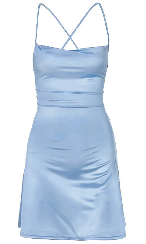 Never Afraid <br><span>Light Blue Satin Sleeveless Spaghetti Strap Lace Up Scoop Neck Open Back Flare Mini Slip Dress</span>