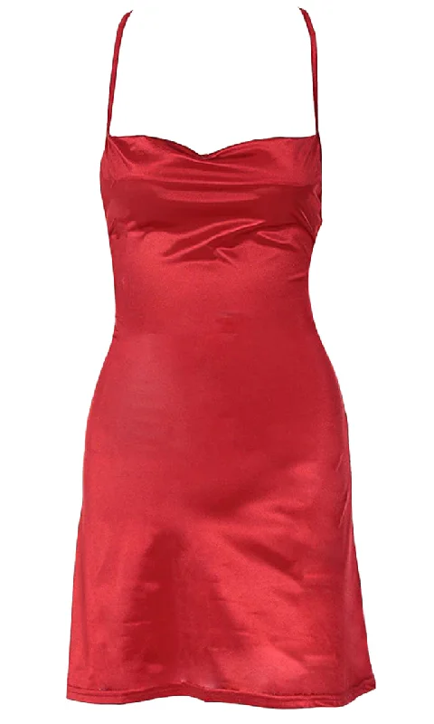 Never Afraid <br><span>Red Satin Sleeveless Spaghetti Strap Lace Up Scoop Neck Open Back Flare Mini Slip Dress</span>