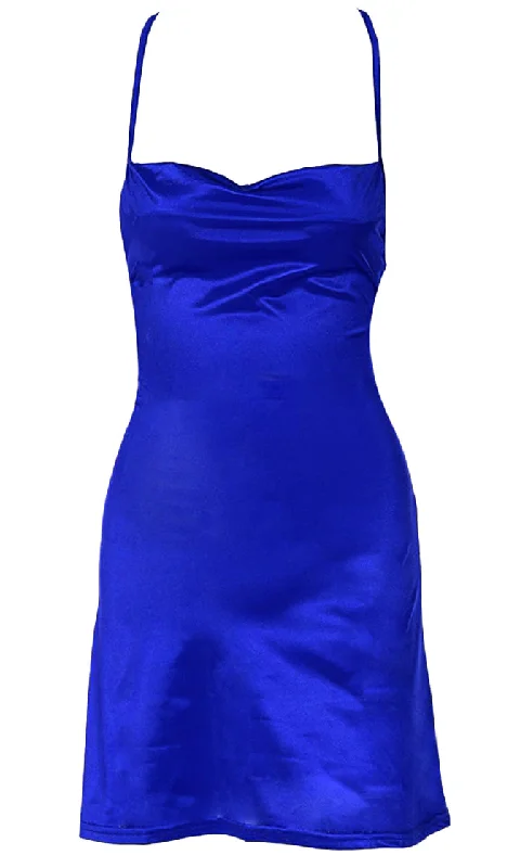 Never Afraid <br><span>Royal Blue Satin Sleeveless Spaghetti Strap Lace Up Scoop Neck Open Back Flare Mini Slip Dress</span>