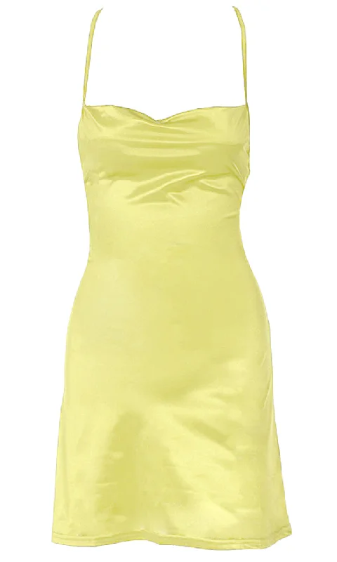 Never Afraid <br><span>Yellow Satin Sleeveless Spaghetti Strap Lace Up Scoop Neck Open Back Flare Mini Slip Dress</span>