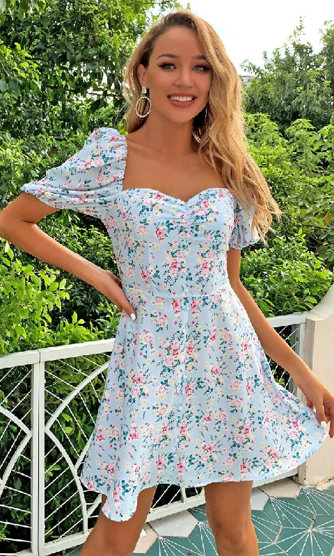 Never Cheat Blue Pink Floral Pattern Short Puff Sleeve Sweetheart Neck Flare A Line Casual Mini Dress