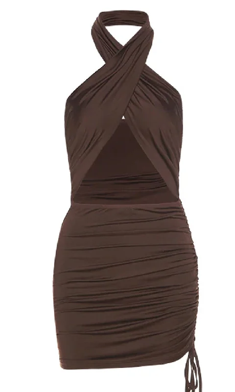 Sleeveless Cross Twist Halter Neck Keyhole Cut Out Open Back Ruched Drawstring Bodycon Mini Dress