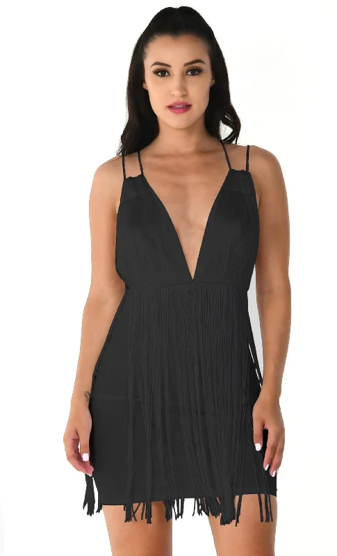 Sway With Me Black Elastic Waist Stretchy Fringe Sleeveless Plunge V Neck Bodycon Mini Dress