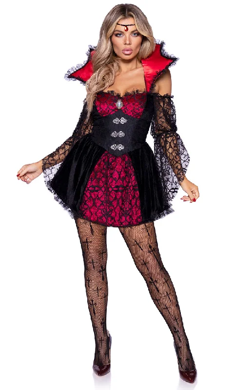 Vampire Queen<br><span> Black Red Sheer Mesh Lace Long Sleeve Off The Shoulder Flare Mini Dress Two Piece Halloween Costume Set</span>