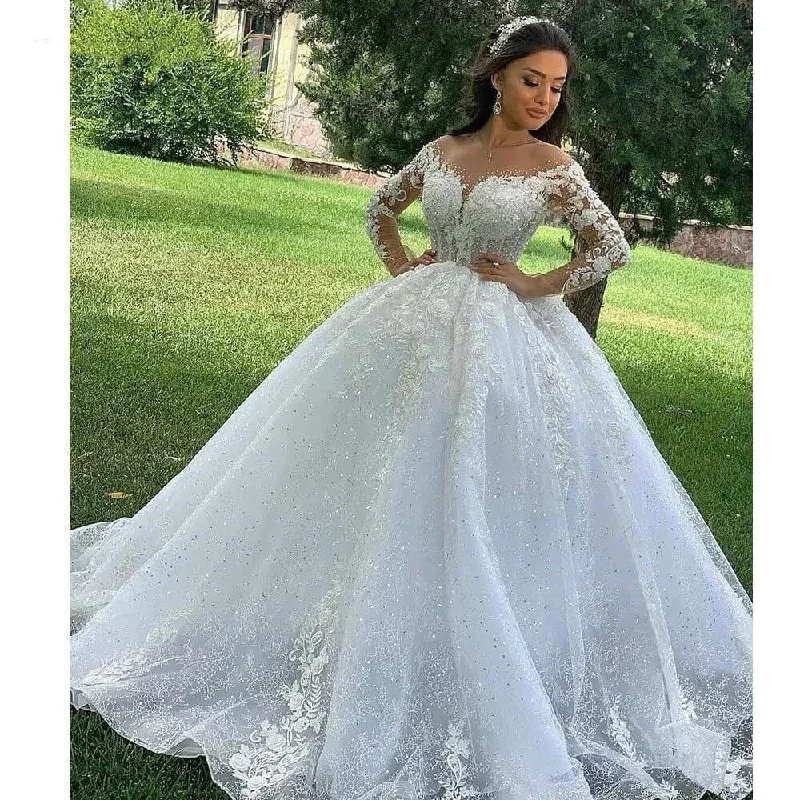 Ball Gown Wedding Dresses O Neck Long Sleeves Lace Up Back