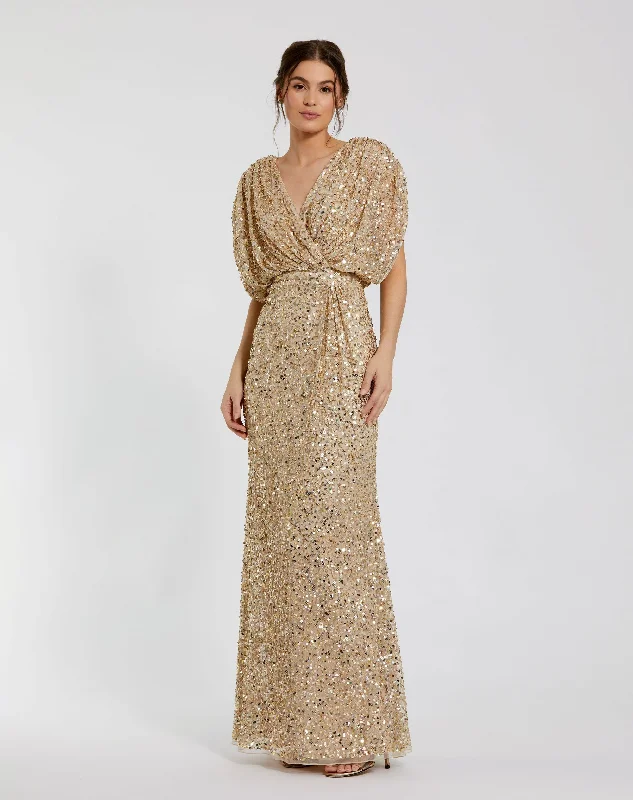 Gold Draped Sleeve V Neck Gown