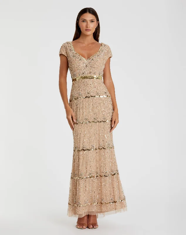 Beige Cap Sleeve Sweetheart Neckline Beaded Sequin Column Gown