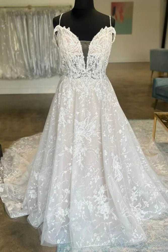 A-Line Off-Shoulder Fully Appliques With Train Wedding Dress