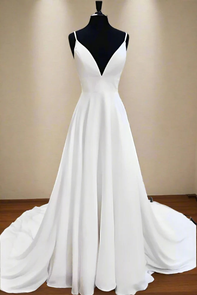 Elegant Satin A-Line Low V-Neck Appliques With Train Wedding Dress