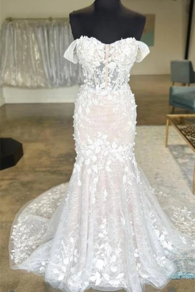 Trumpet Sweetheart Off-Shoulder Lace Appliques With Train Wedding Dress