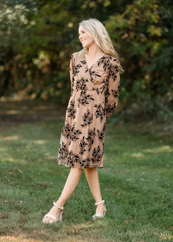 Long Sleeve Velvet Floral Print Midi Dress