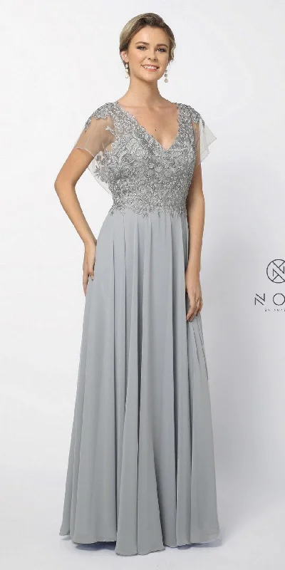 CLEARANCE - Nox Anabel Y526 Long V-Neck Silver Long Dress (Size 2XL)