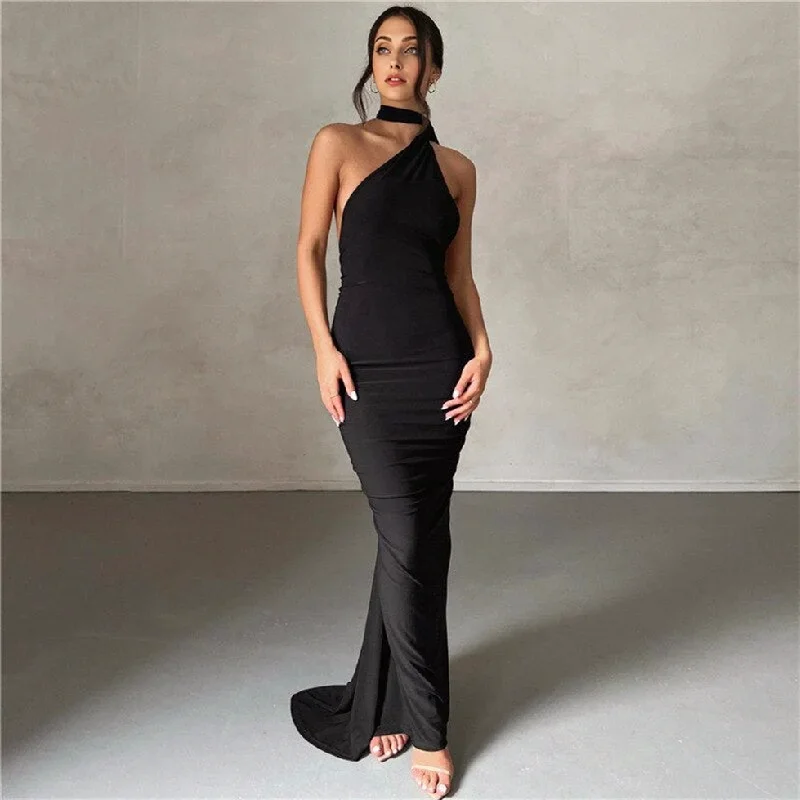 JuliaFashion-Elegant Sleeveless Halterneck Cutout Maxi Dress