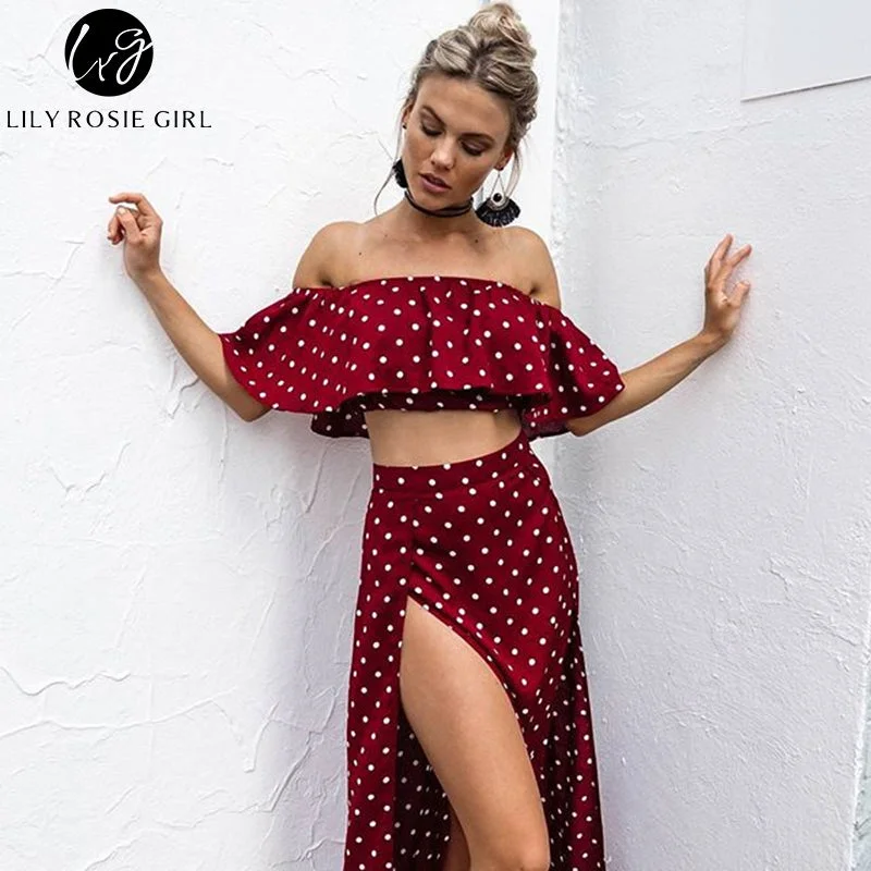 Lily Rosie Girl Women 2018 Off Shoulder Red Vintage Dot Long Dress Summer Maxi Dress Chiffon Ruffle Sexy Beach Dresses Vestidos