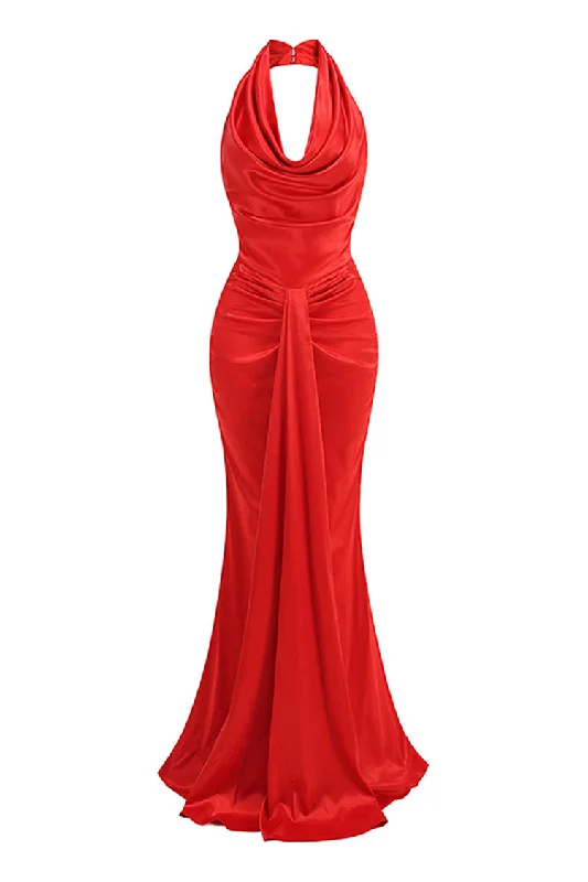 Silky Satin Halter Cowl Neck Draped Ruched Fishtail Evening Maxi Dress