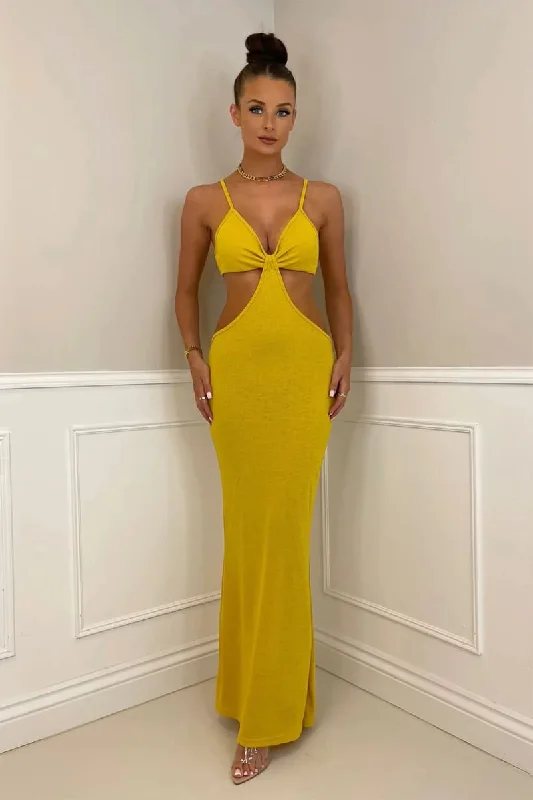 Yellow Front Tie Cut Out Backless Knitted Maxi Dress