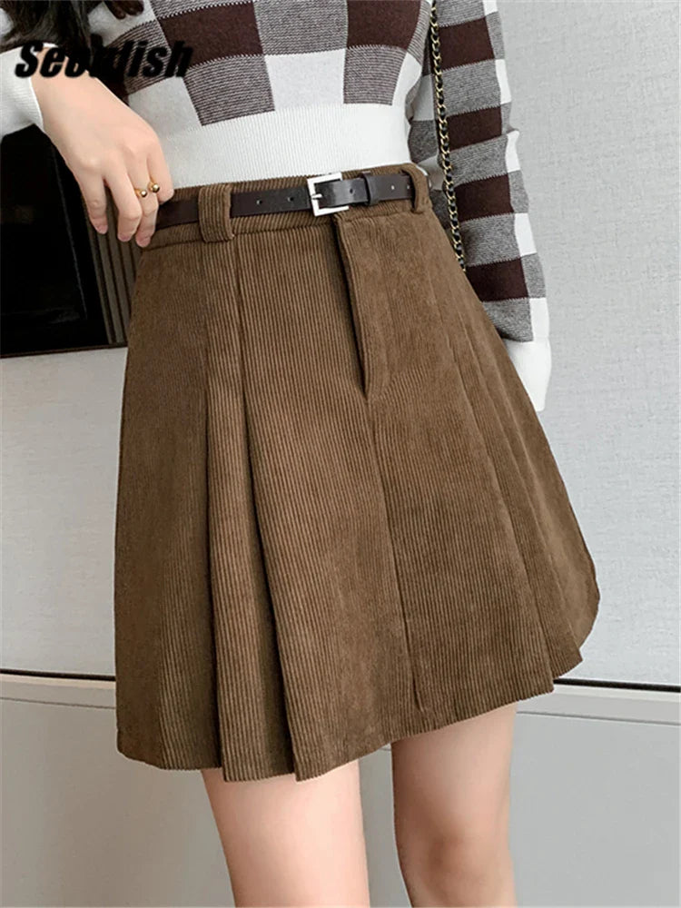 Women Mini Skirts With Belted 2024 New High Waist Classic Pleated Shorts