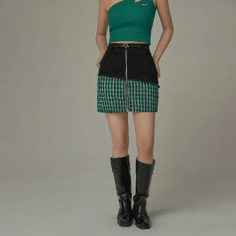 Check Color Zipper Mini Skirt