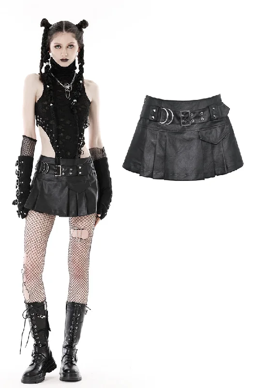 Punk PU metal belt asymmetrical pleated mini skirt KW304