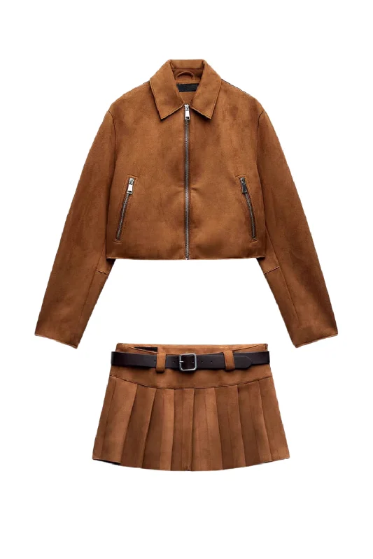 'Victoria' Faux Suede Short Jacket & Pleated Skirt Set (Sold Separately)