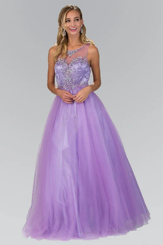 Long Prom Dress Sheer Neckline Evening Gown