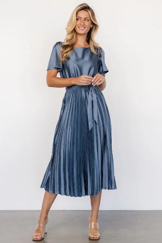 Adelaide Pleated Satin Dress | Blue