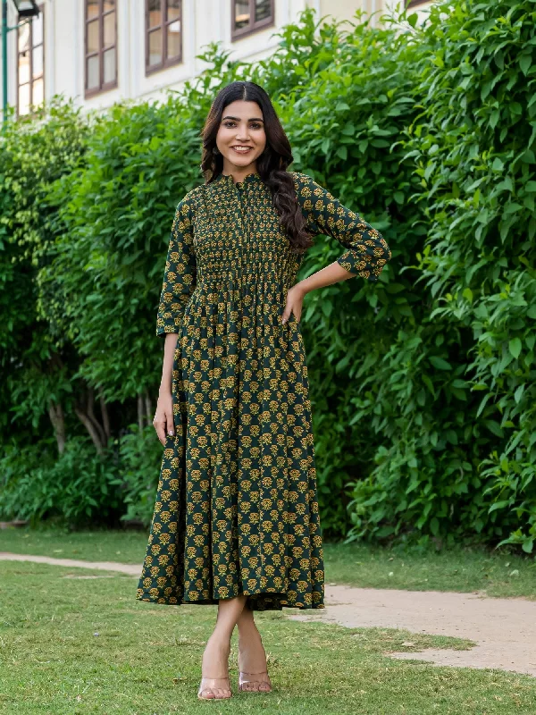 Ameyaa Ajrakh Work Pure Cotton Green Dress