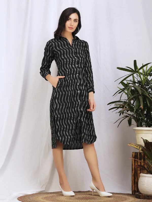 Black Button Down Ikat Cotton 'Amna' Dress