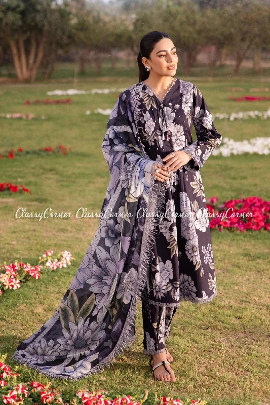 Black Grey Floral Lawn Pakistani Suit