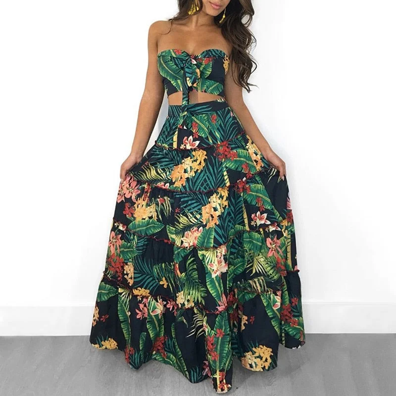 Boho New Sexy Women Two Piece Set Long Printed High Waist Casual Suit